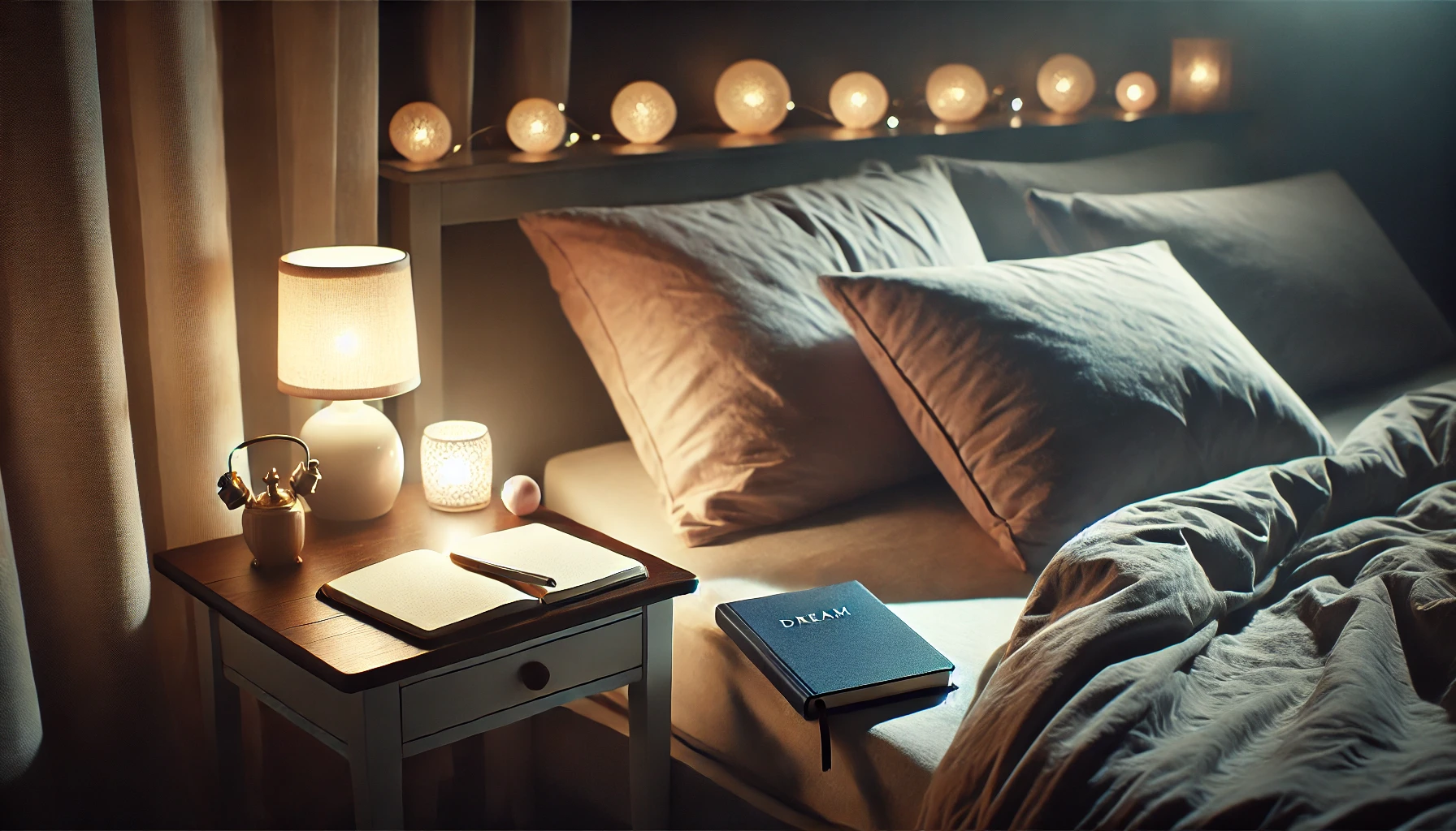 A peaceful bedroom scene at night with a bed, plush pillows, and a bedside table featuring a dream journal and pen, all under soft ambient lighting, conducive to sleep and dream journaling.