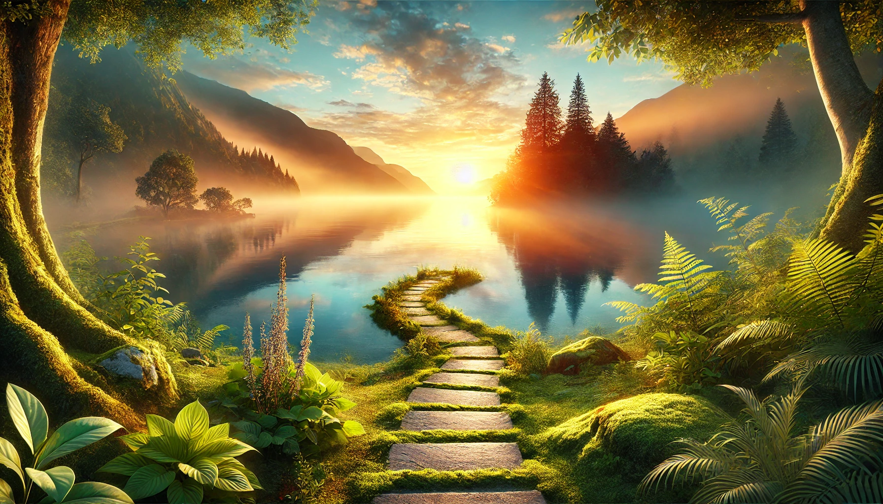 A tranquil outdoor scene with a sunrise over a calm lake, soft mist rising from the water, and a small path leading to the shore, symbolizing a journey of healing and transformation.