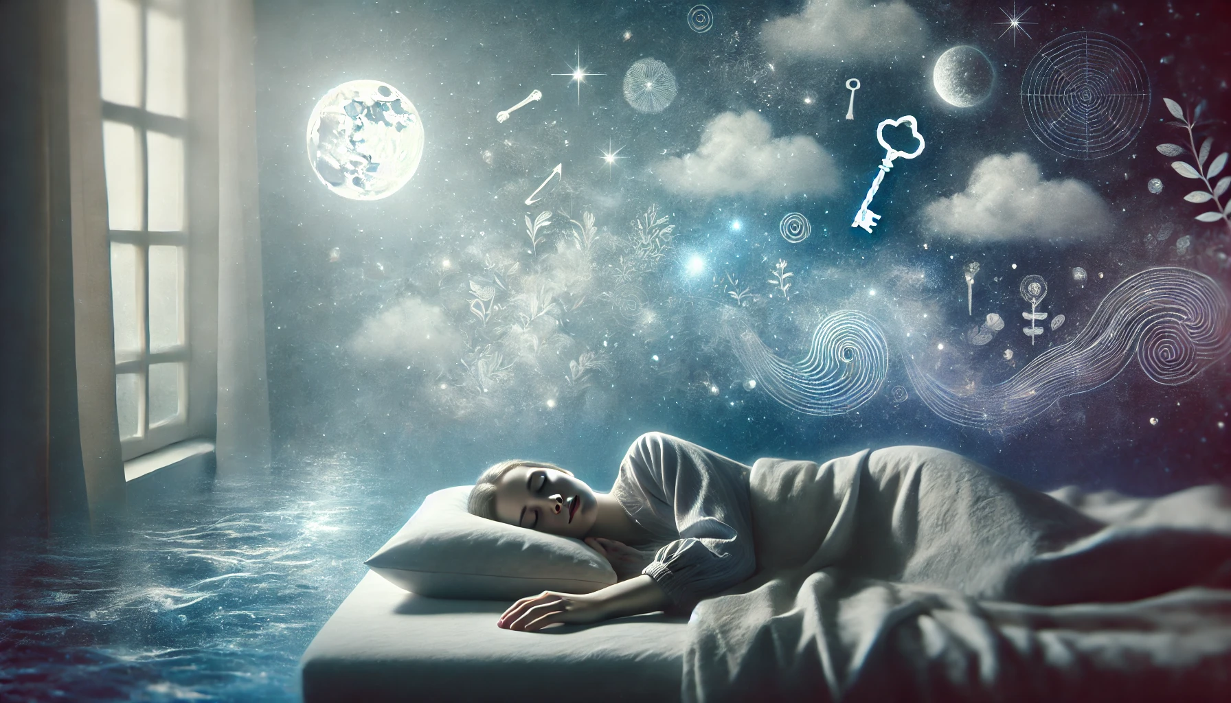 A peaceful scene of a person lying on a bed, illuminated by moonlight, with dream-like elements floating around, symbolizing the subconscious mind.