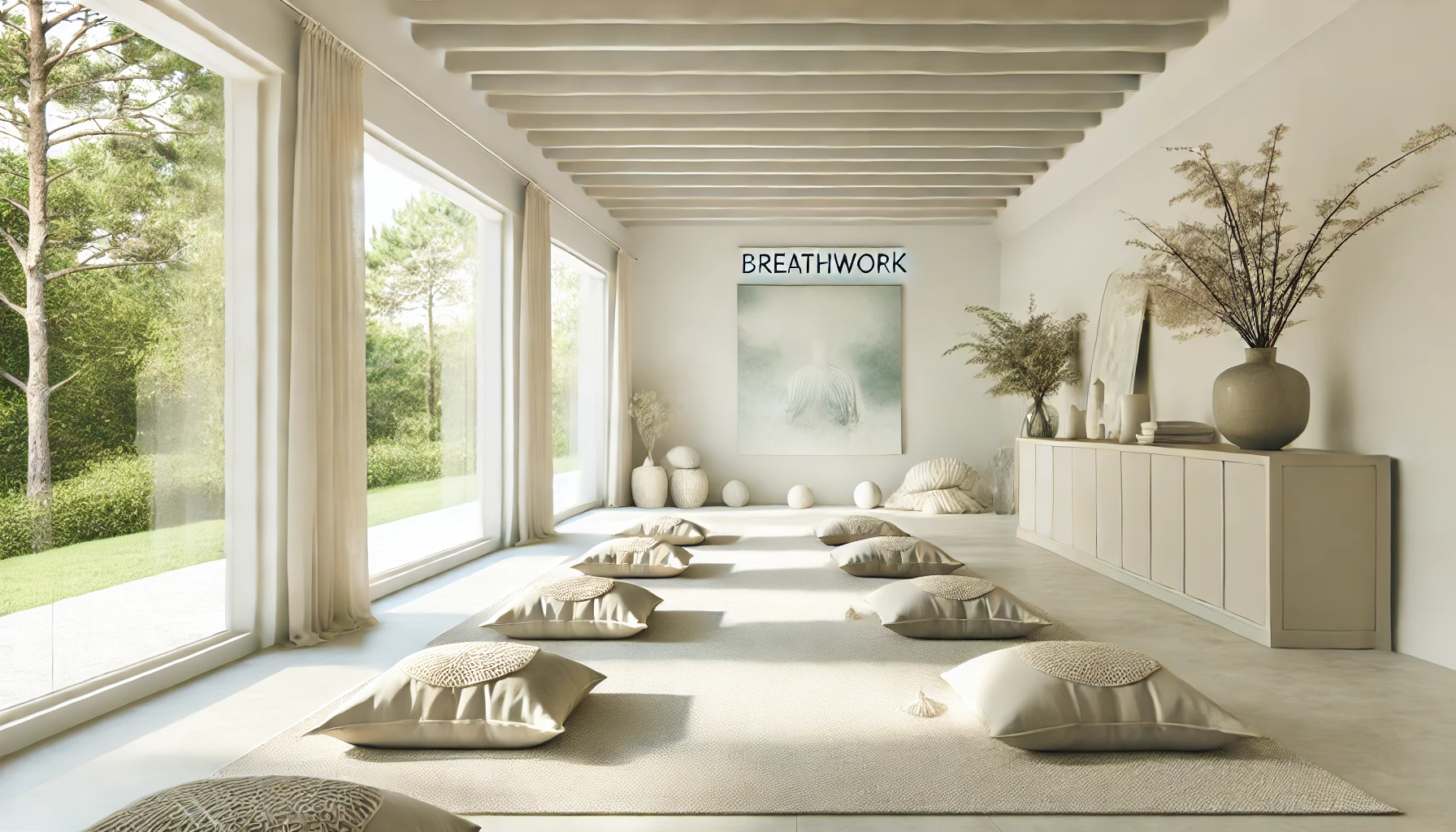 Tranquil meditation room designed for breathwork with a minimalist aesthetic, featuring meditation cushions and large windows overlooking a garden.