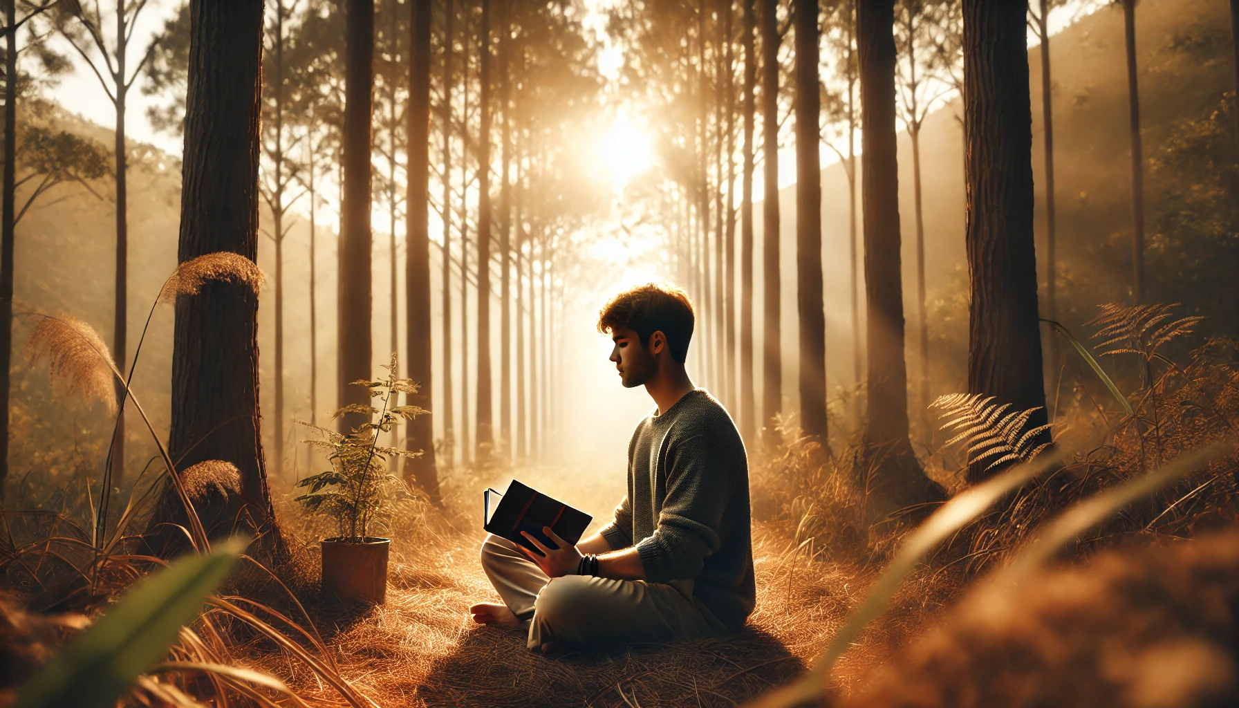 Person journaling in a peaceful outdoor setting, reflecting on inner healing and self-discovery.