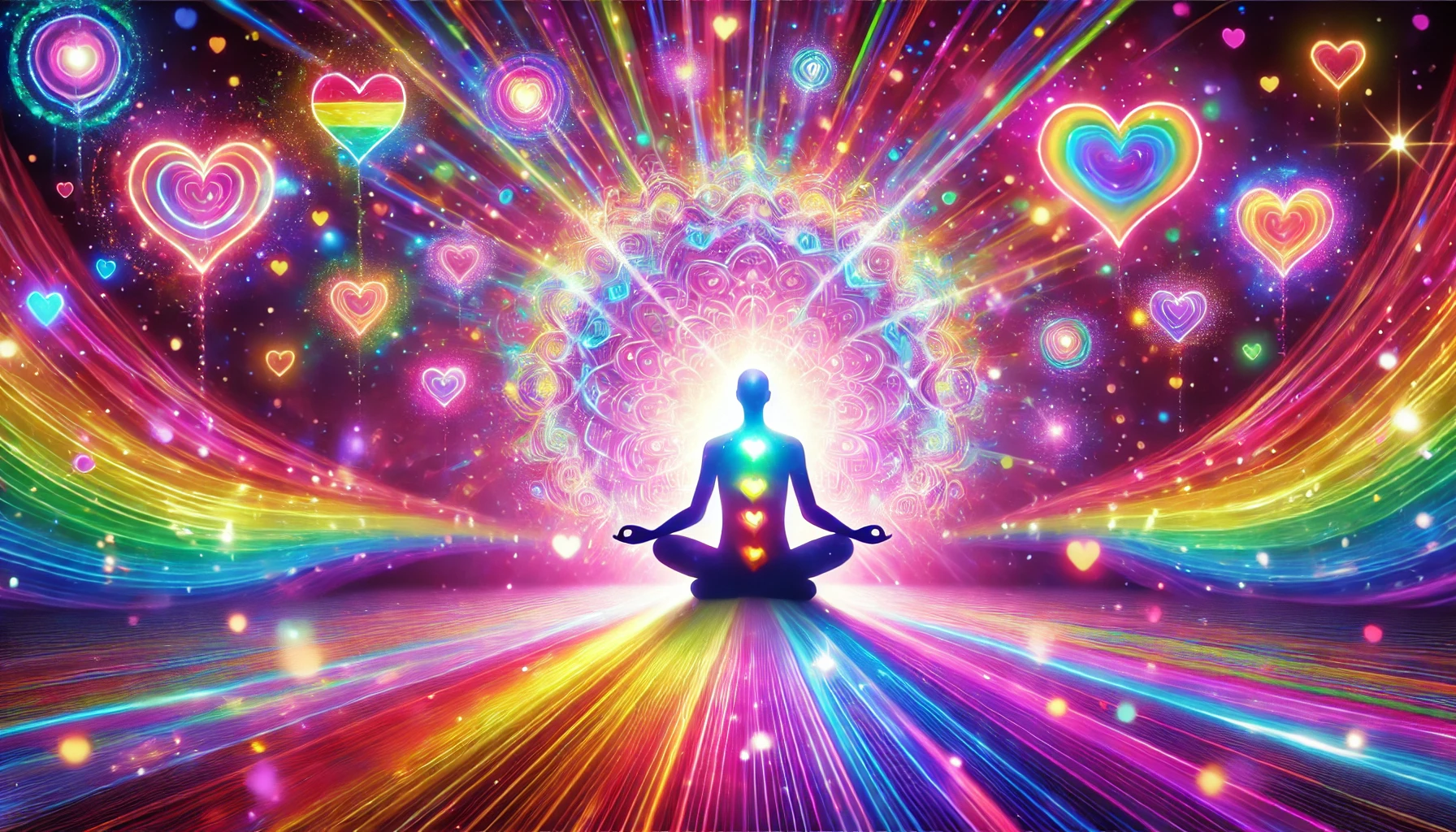 A vibrant, colorful image of an individual in a meditative pose, surrounded by radiant rainbow-colored light, hearts, and glowing patterns. The scene symbolizes self-love, joy, and transformation, with bright colors conveying happiness and inner peace