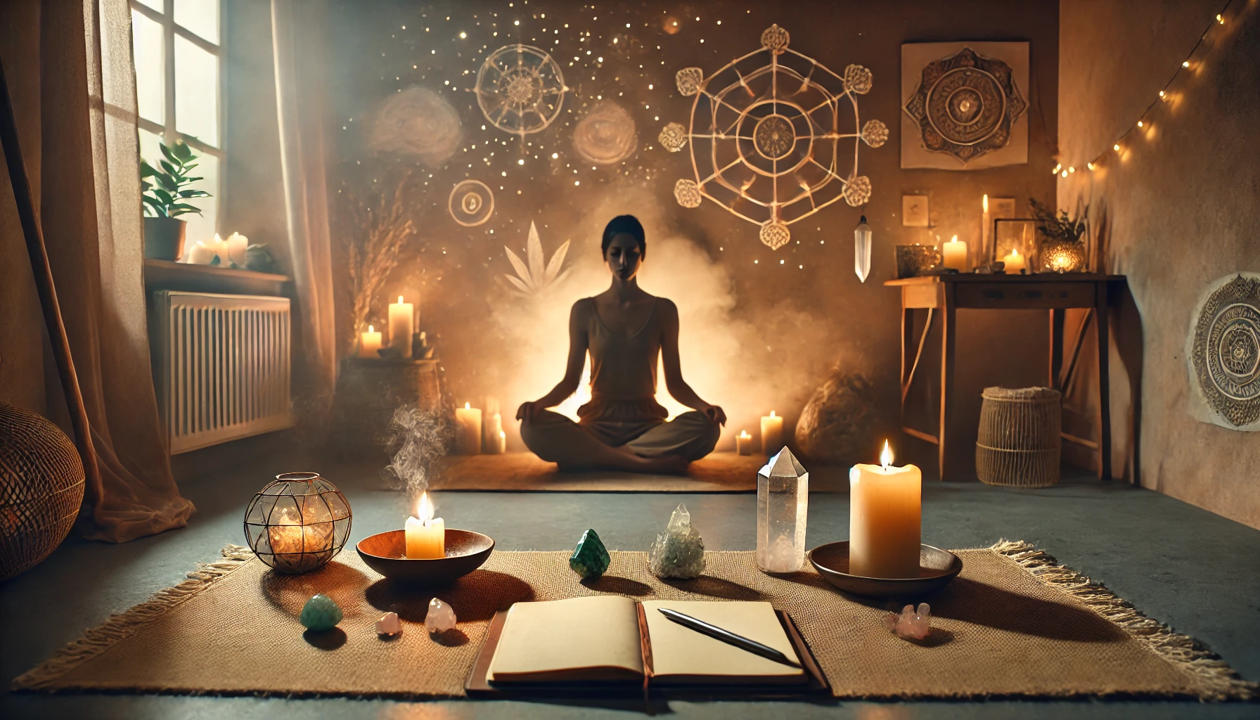 A serene room with a person seated cross-legged on a mat, surrounded by candles, crystals, and a journal, evoking an introspective and meditative atmosphere during a shadow work ritual.