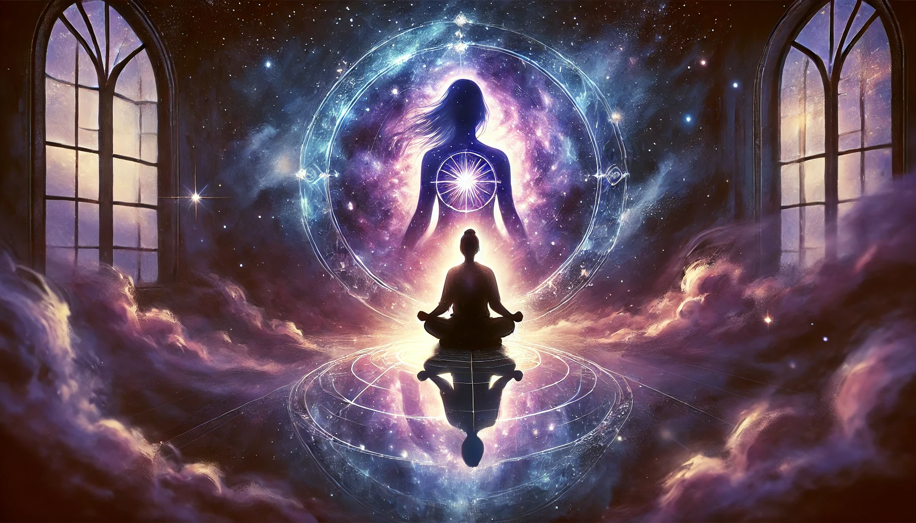 A mystical illustration of a person meditating, surrounded by glowing light, with a shadowy mirror image of themselves emerging in a cosmic background of deep purples and blues, symbolizing self-reflection and shadow work.