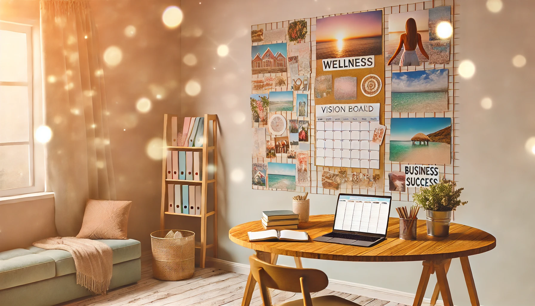 A warm and inviting workspace with a vision board, motivational books, and a laptop on a desk, perfectly set up for manifestation activities.