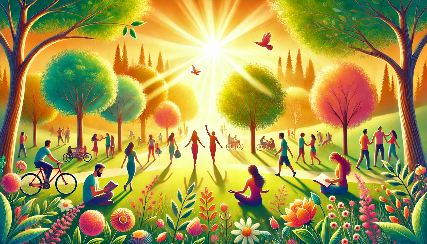 A serene park scene with people engaging in joyful activities such as walking, meditating, writing in journals, and sharing kind gestures, surrounded by green trees, golden sunlight, and colorful flowers.