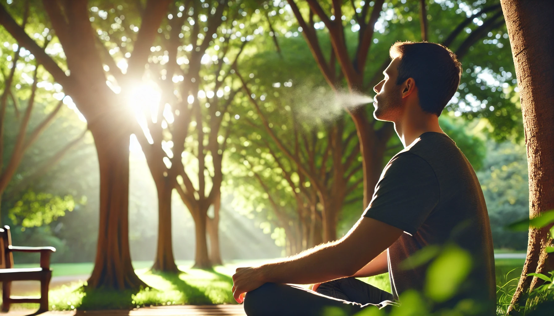 A person sitting peacefully in a park, surrounded by lush green trees and soft sunlight streaming through the branches, taking a mindful breath in a moment of calm.