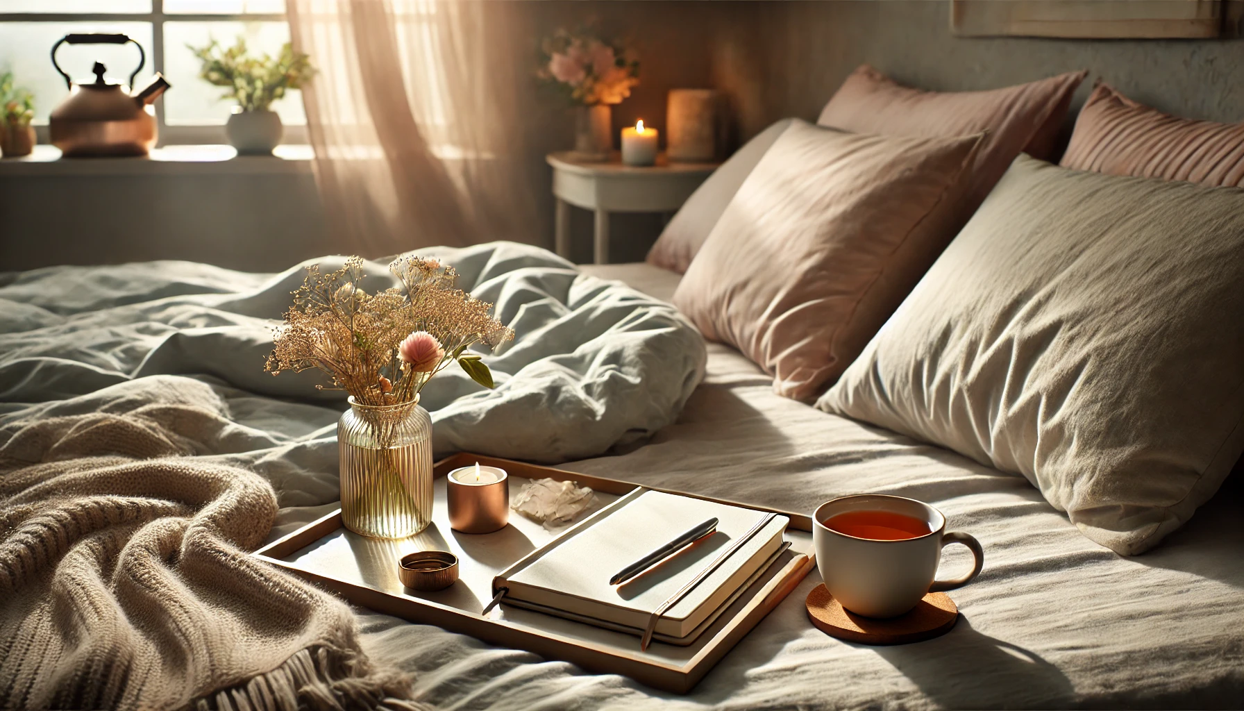 A serene bedroom with soft morning light, a cozy bed with neutral bedding, and a journal on a bedside table accompanied by a cup of tea and a vase of flowers. The scene conveys calm and mindfulness for a stress-free morning.