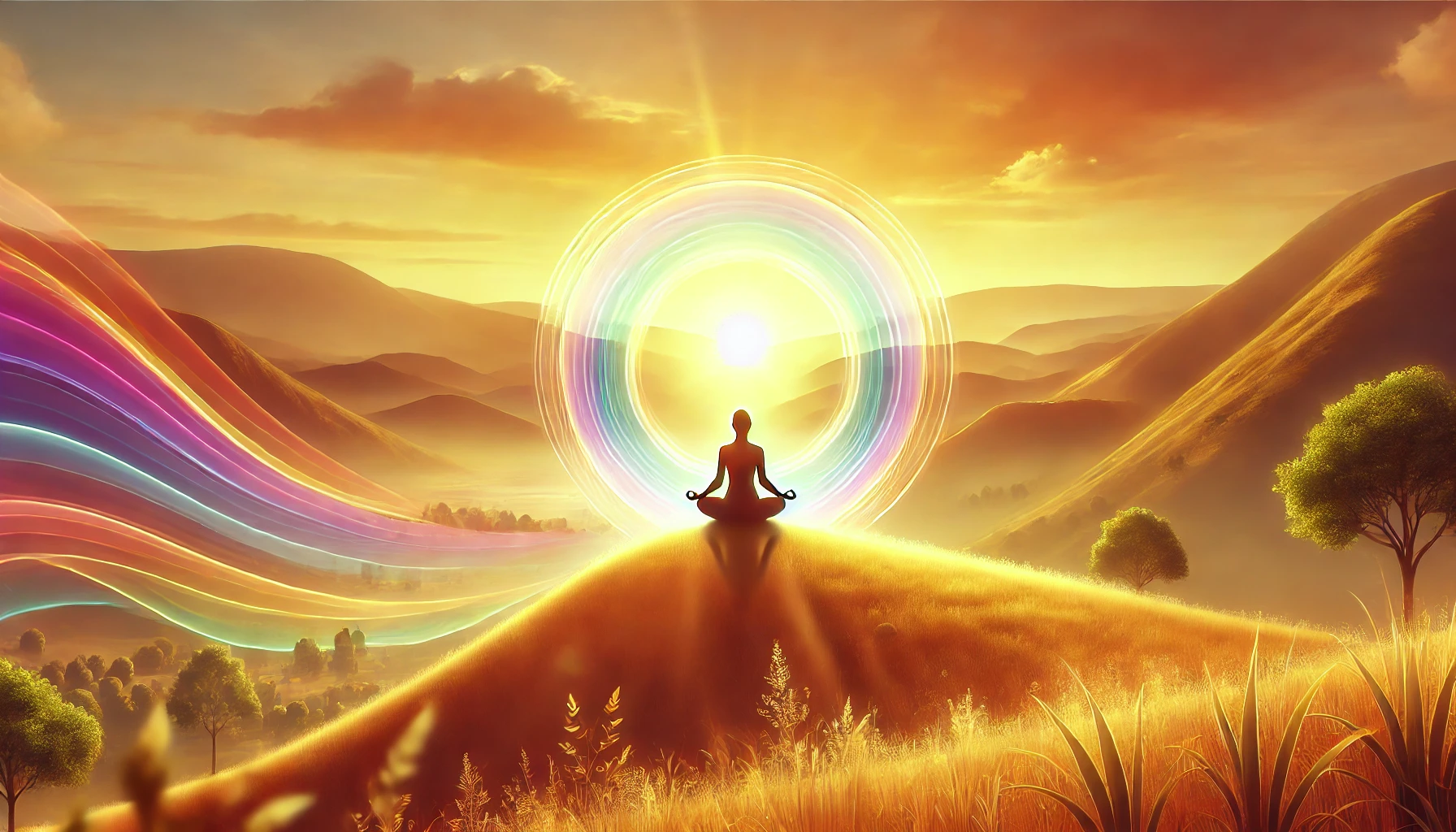 Person meditating on a hilltop at sunrise, surrounded by a radiant aura with a serene landscape of rolling hills and mountains in the background, symbolizing mindfulness and positivity.