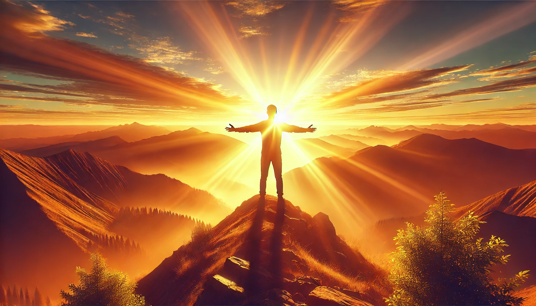 Person standing on a mountaintop at sunrise with arms open, embracing the light, symbolizing self-discovery and inner strength