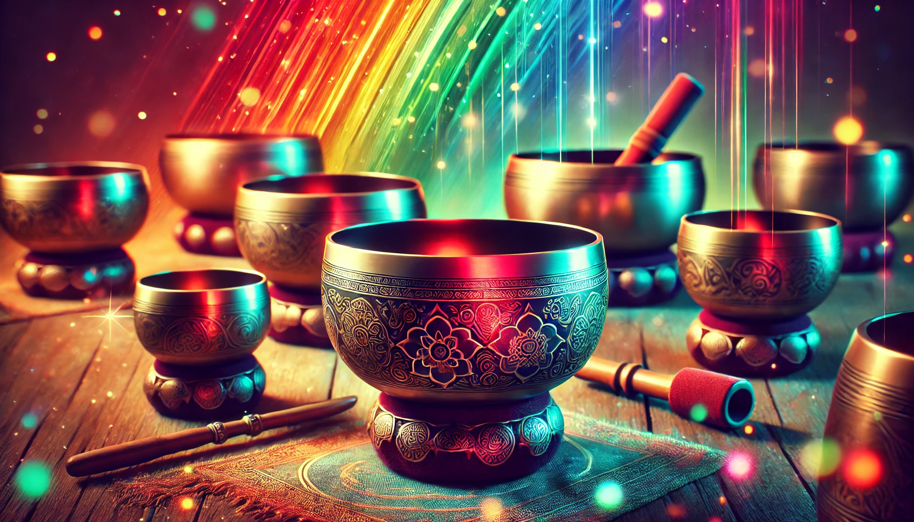 rtistic close-up of Tibetan singing bowls in rainbow colors, reflecting light and intricate designs, used for calming and therapeutic purposes in somatic therapy.