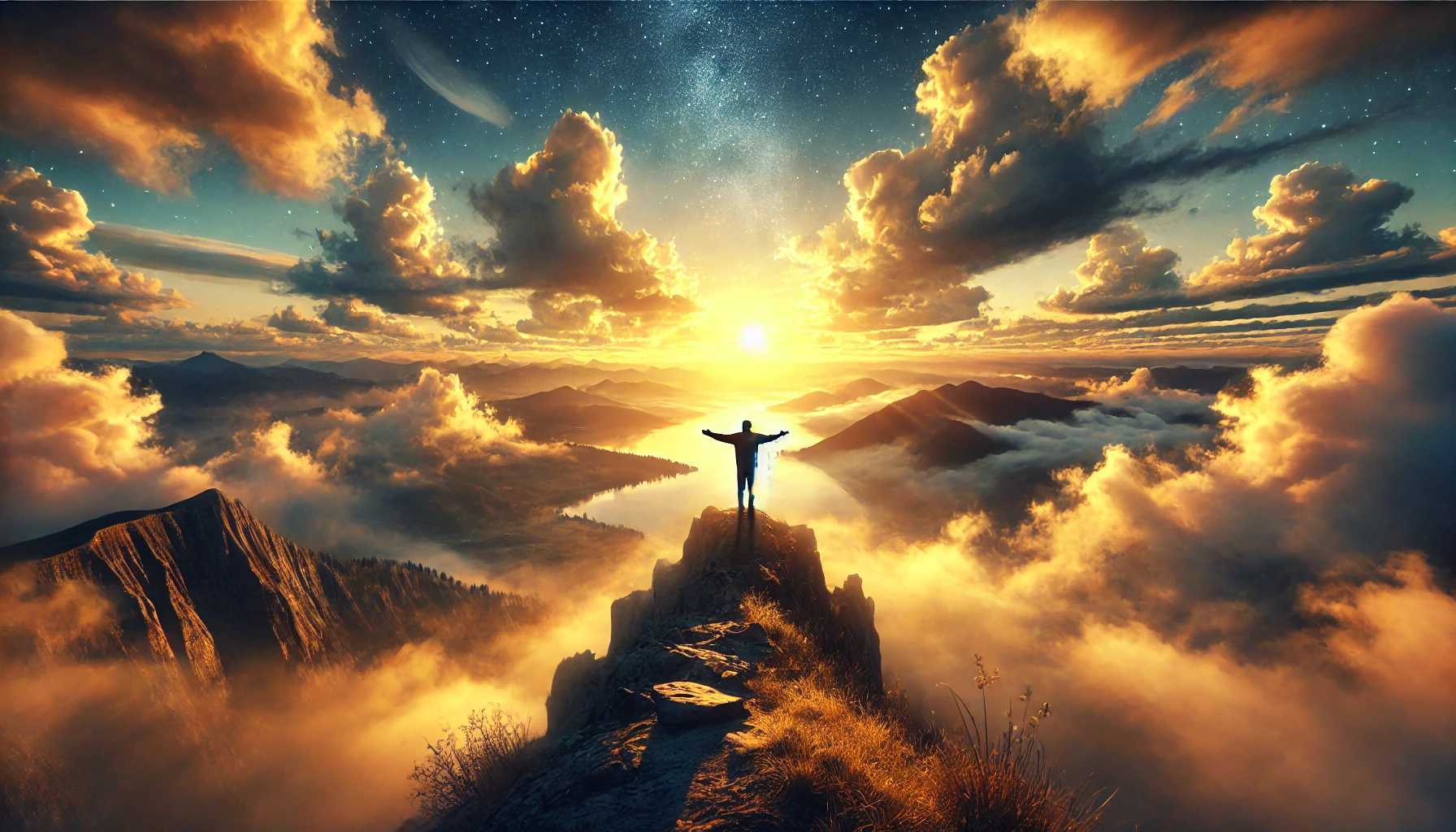 A person standing on a cliff at sunrise, arms outstretched towards the sky, surrounded by soft clouds and golden light, symbolizing clarity, purpose, and connection to the universe.