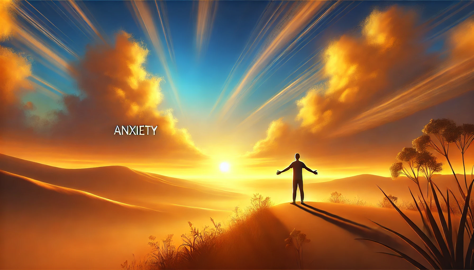 A person stands on a peaceful hilltop at sunrise with arms open, facing a vibrant sky, symbolizing calm, clarity, and the release of anxiety.