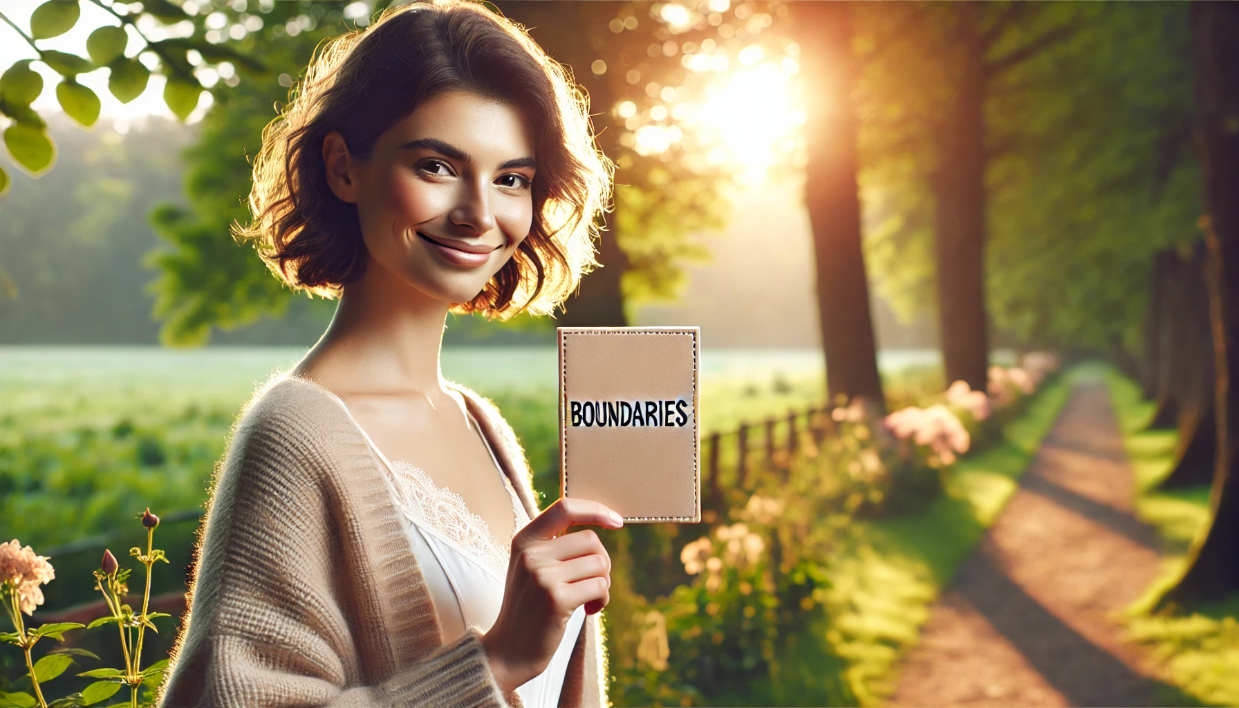 A serene and confident individual in a peaceful outdoor setting, holding a notebook with "Boundaries" written on it, surrounded by soft sunlight filtering through the trees.