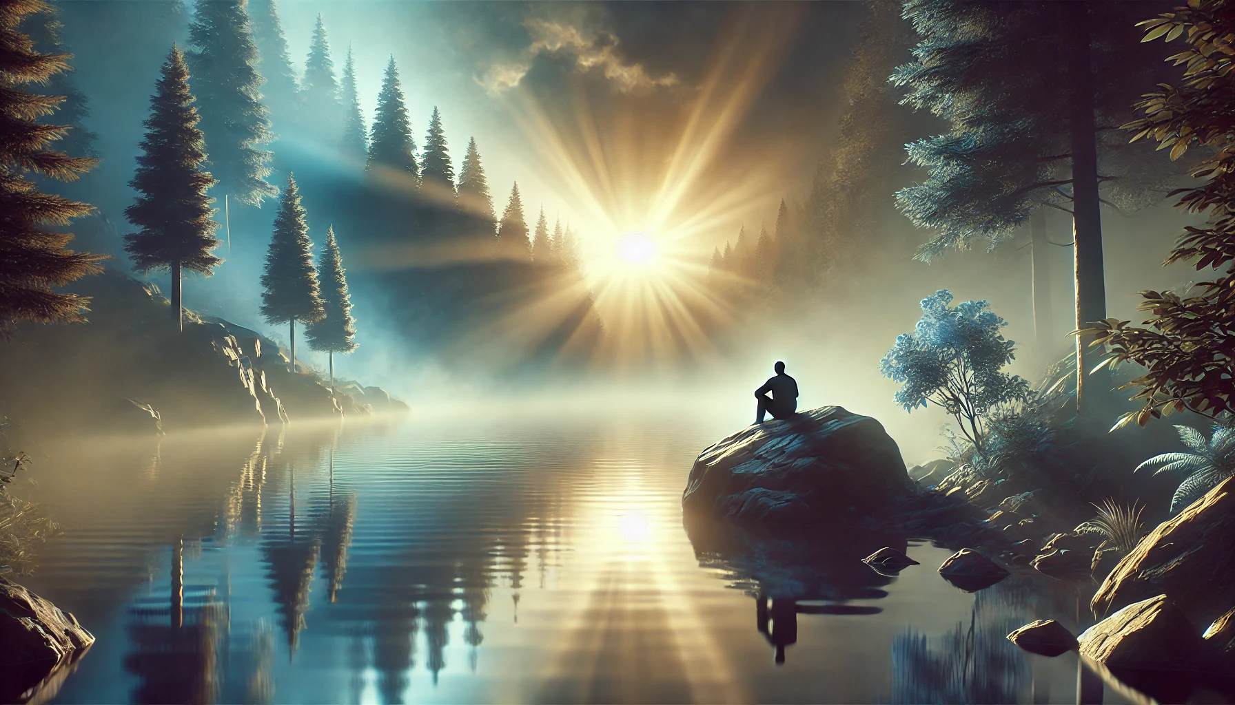 A person sits on a rock by a tranquil lake with soft light reflecting on the water, surrounded by a misty forest that clears into sunlight, symbolizing dissociation recovery.