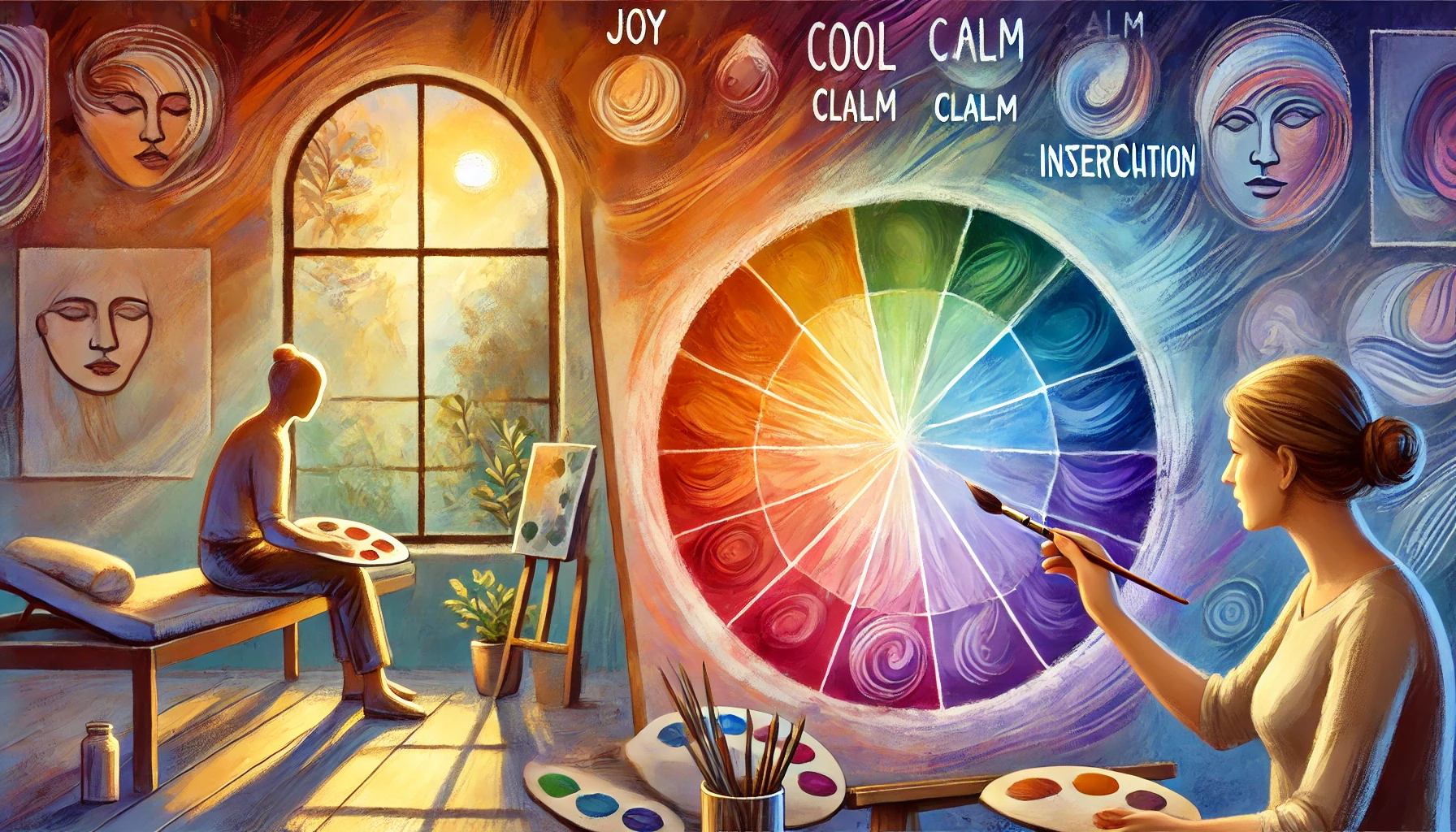 A vibrant illustration of a color wheel labeled with emotions, alongside a person painting abstract shapes on a canvas in a serene therapy setting with natural light streaming through a window.