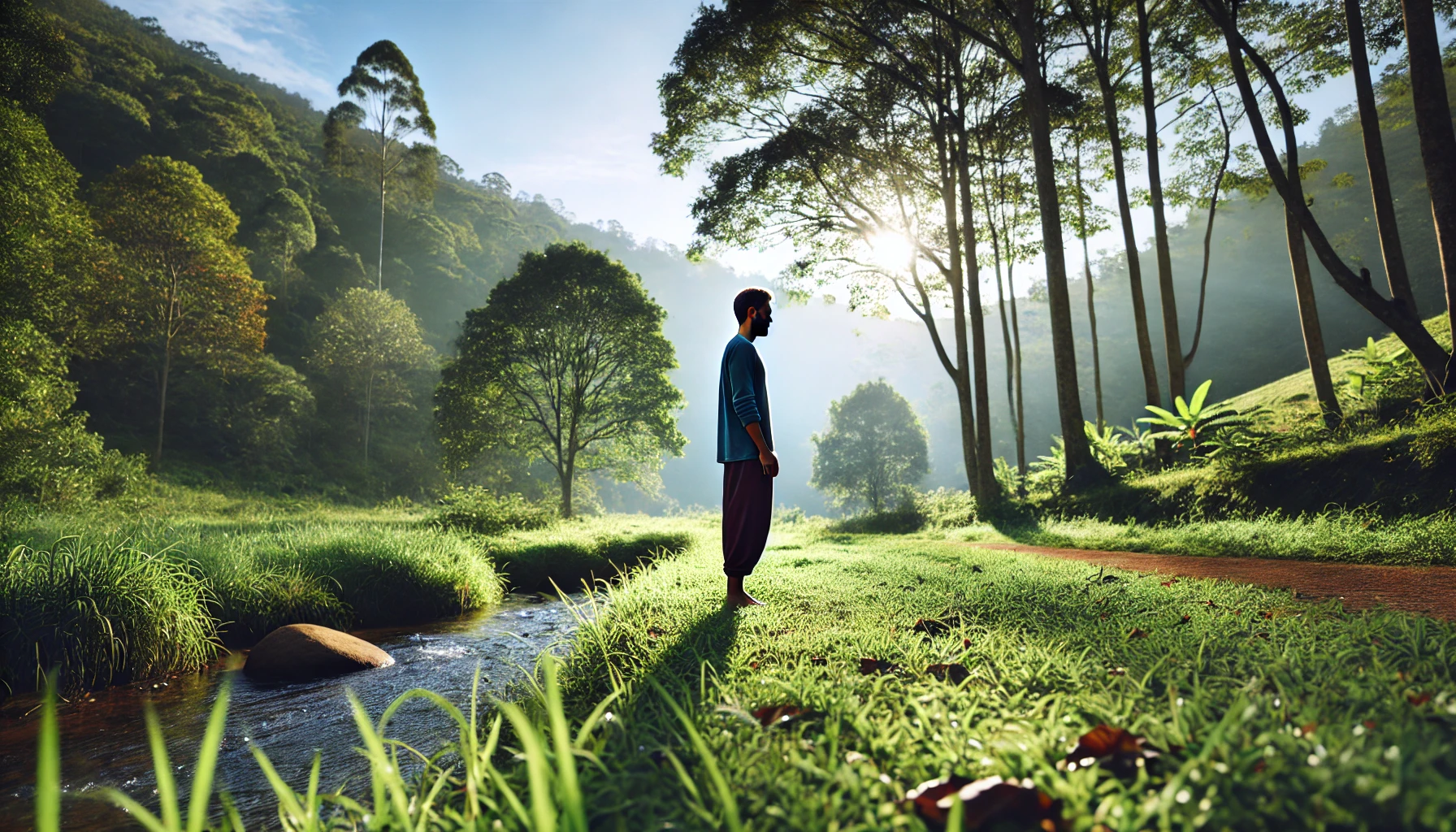 A person standing barefoot on a green meadow, connecting with nature under soft sunlight, symbolizing mindfulness and grounding.