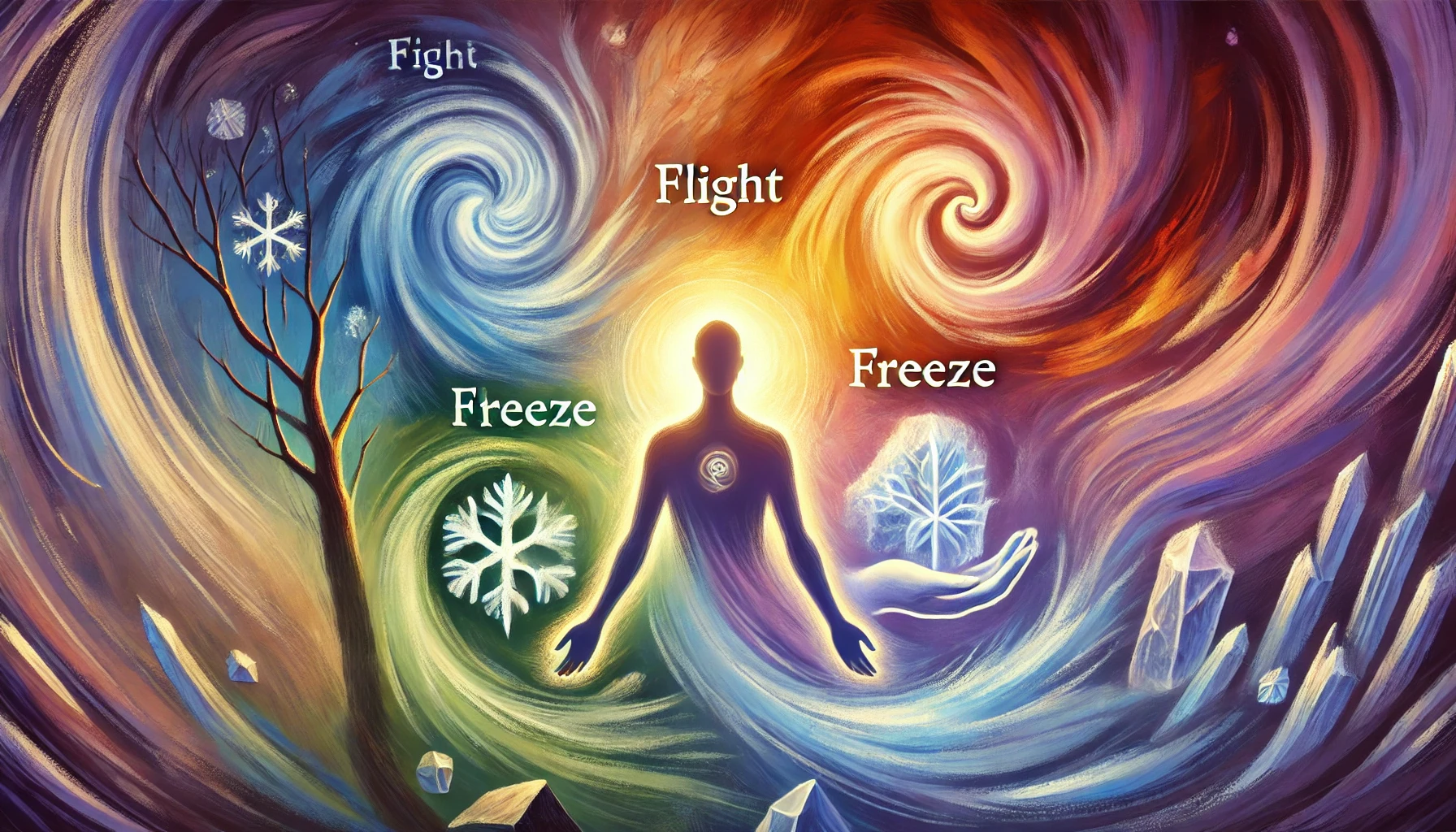 A symbolic illustration showing a human silhouette surrounded by swirling colors, representing the fight, flight, freeze, and fawn responses with symbols of fire, wind, ice, and gentle hands.