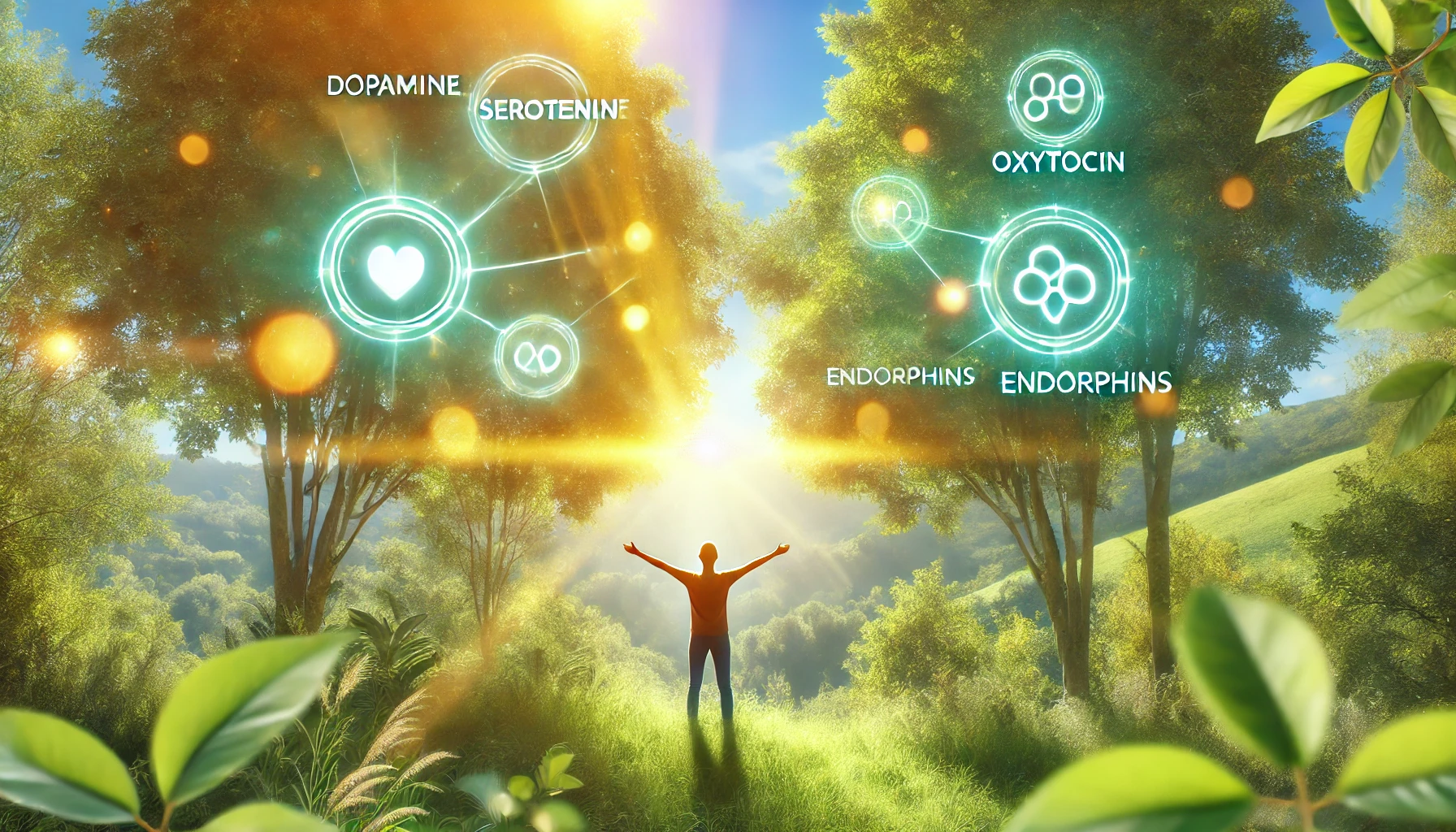 A person standing on a hill with arms outstretched under a sunny sky, symbolizing happiness and well-being through natural surroundings and positive energy. Image Title: Unlocking Happy Chemicals for Mental Health