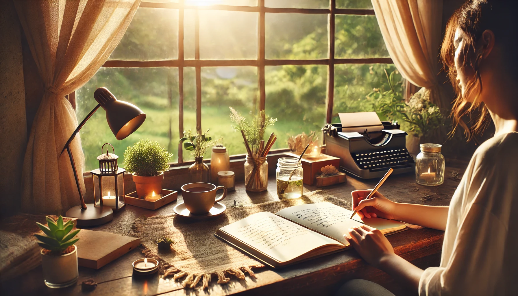 A cozy desk setup near a sunlit window with a notebook, cup of tea, and plant, symbolizing self-reflection and personal growth.