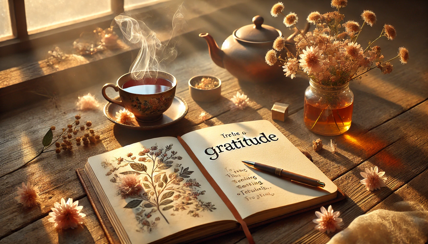 An open gratitude journal on a table with a pen, surrounded by warm natural light, a steaming cup of tea, and delicate flowers, symbolizing reflection and mindfulness.