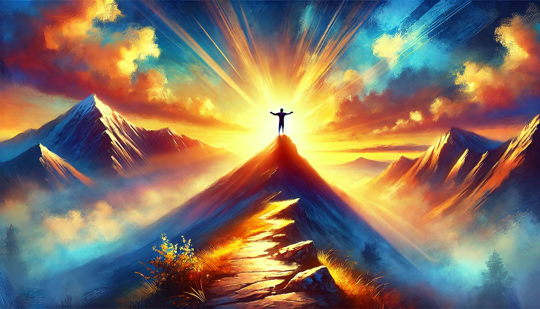 A person stands triumphantly on a mountain peak at sunrise, arms outstretched in a display of strength and confidence, with a golden and blue sky symbolizing hope and empowerment.