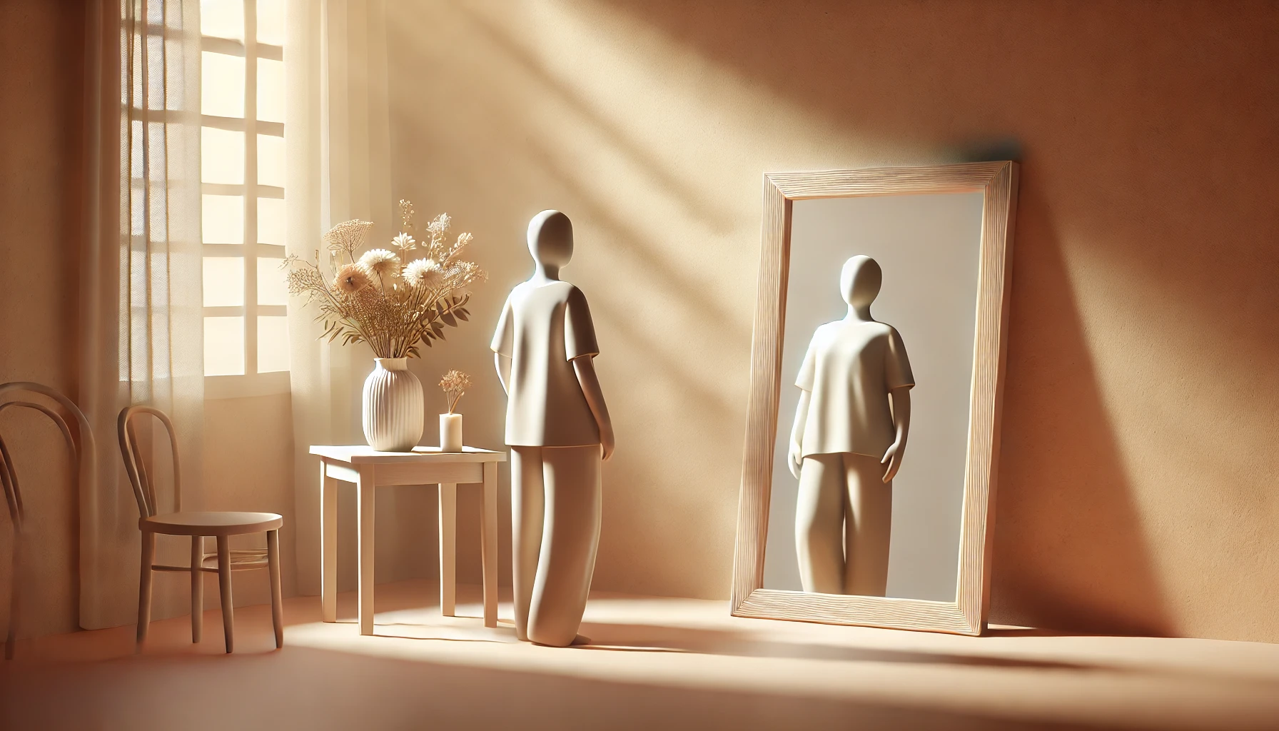 A serene individual standing in front of a mirror, softly smiling at their reflection, surrounded by warm tones and natural light, symbolizing self-love and acceptance.